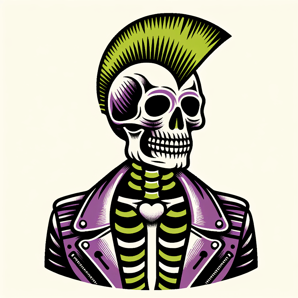 skeleton with mohawk in leather jacket