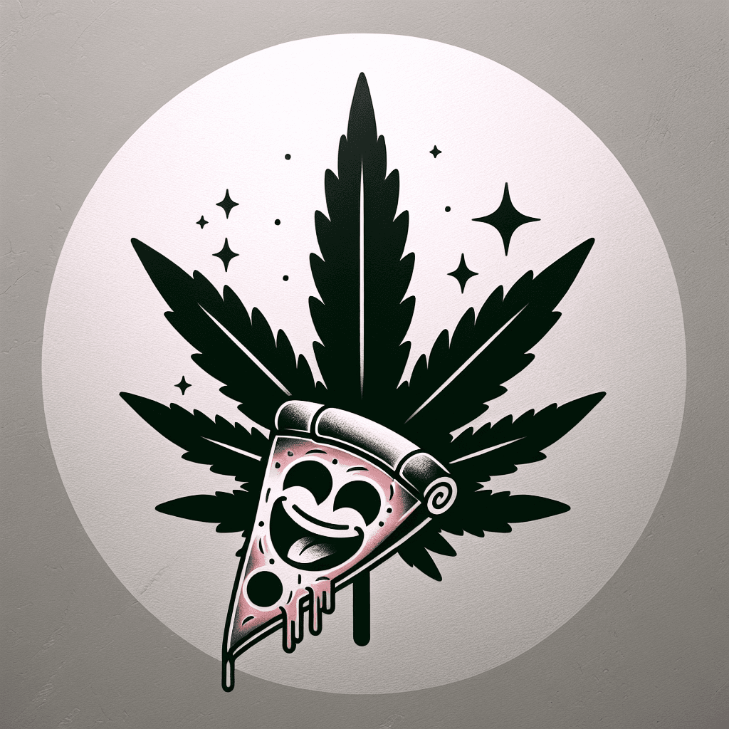 happy marijuana leaf eating a pizza