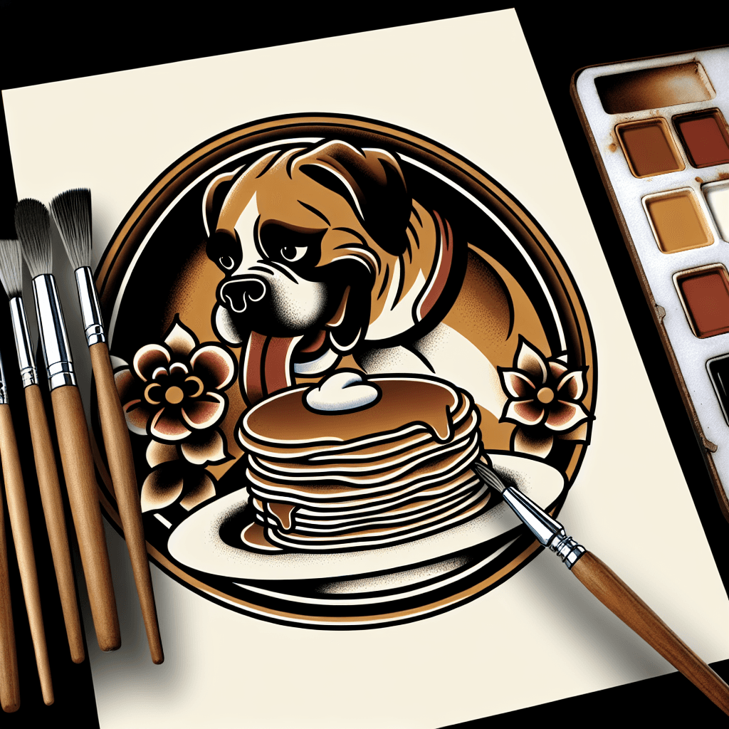 boxer dog eating a plate of pancakes