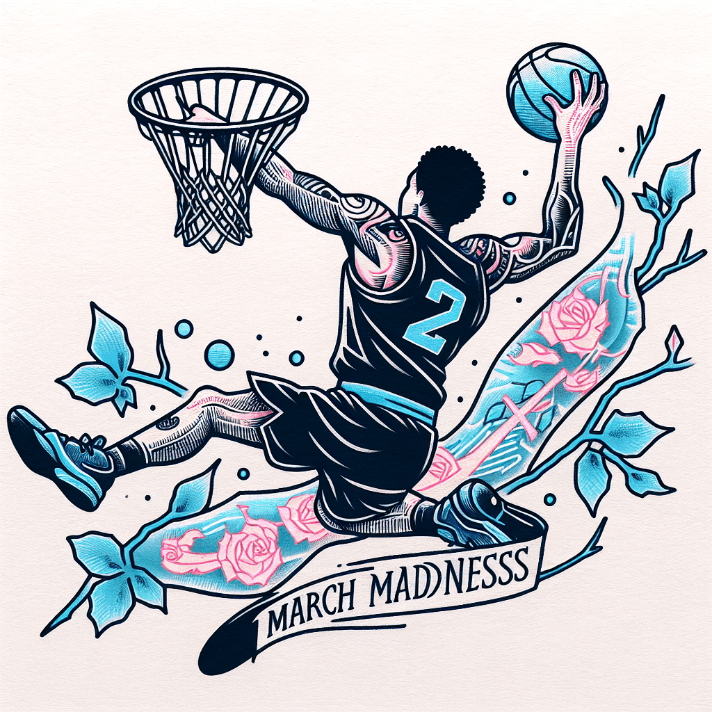 basketball player doing a slam dunk  with the words “march madness”