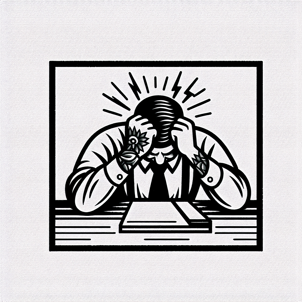 frustrated office employee banging his head on a desk