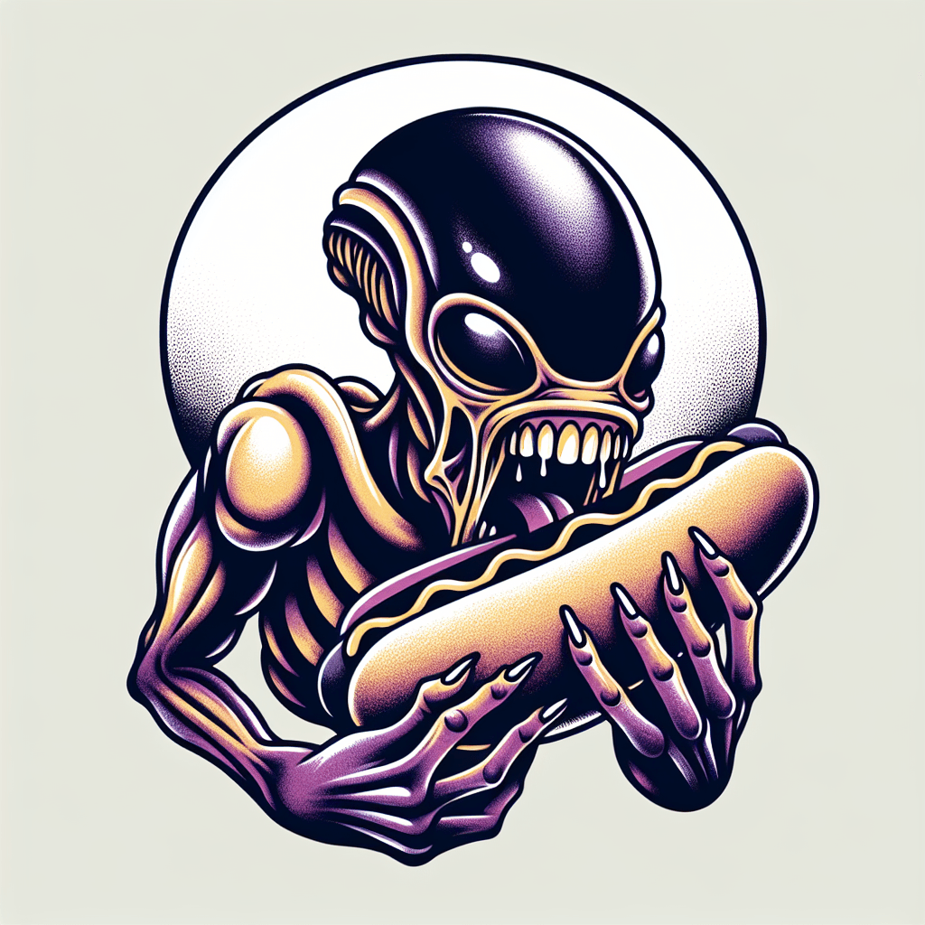 xenomorph eating a large hotdog
