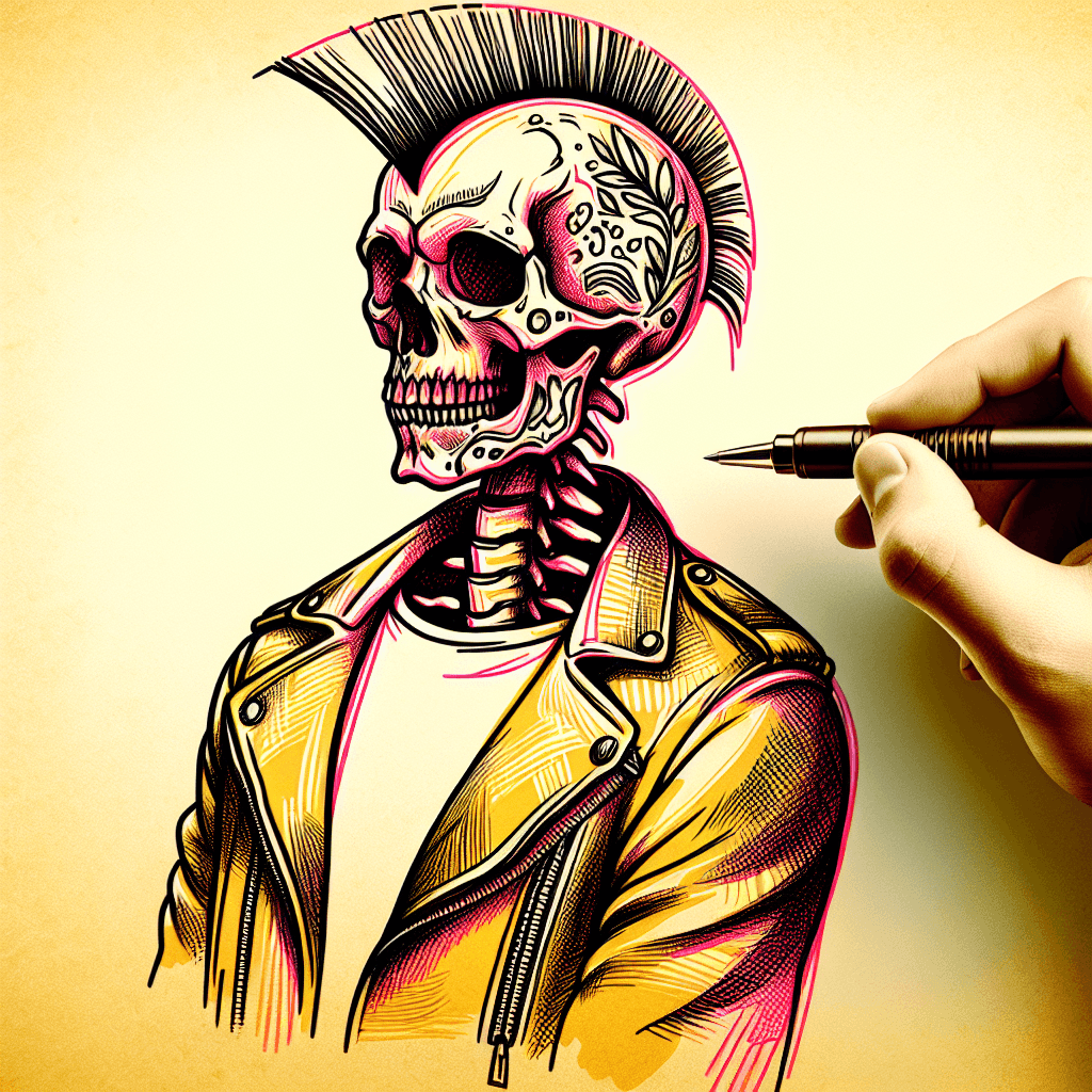 skeleton with mohawk in leather jacket