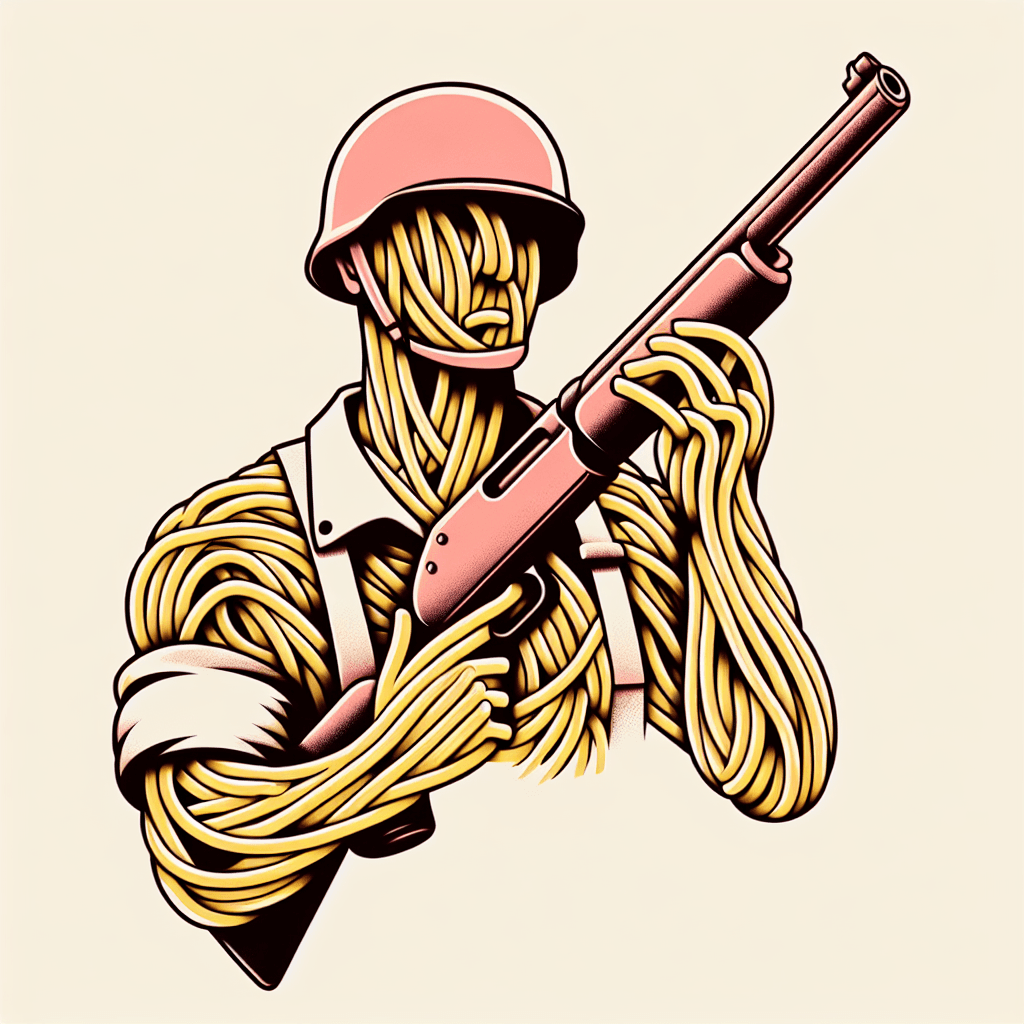 soldier holding a shotgun made of spaghetti