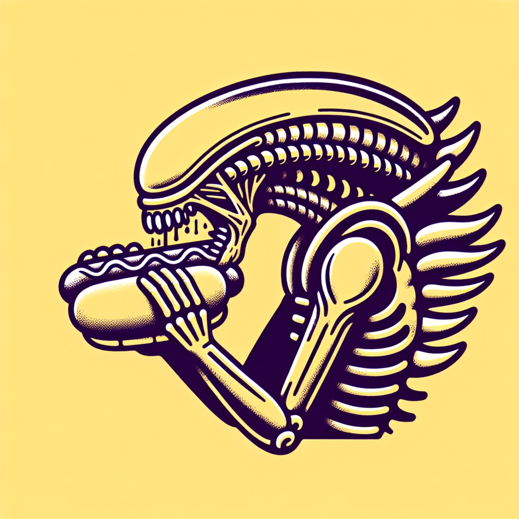 xenomorph eating a large hotdog