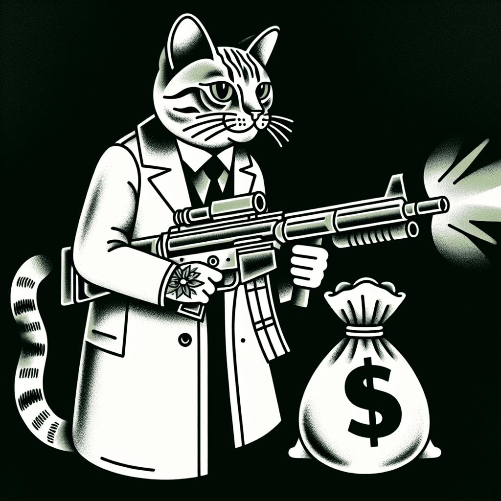 cat with machine gun and bag of money