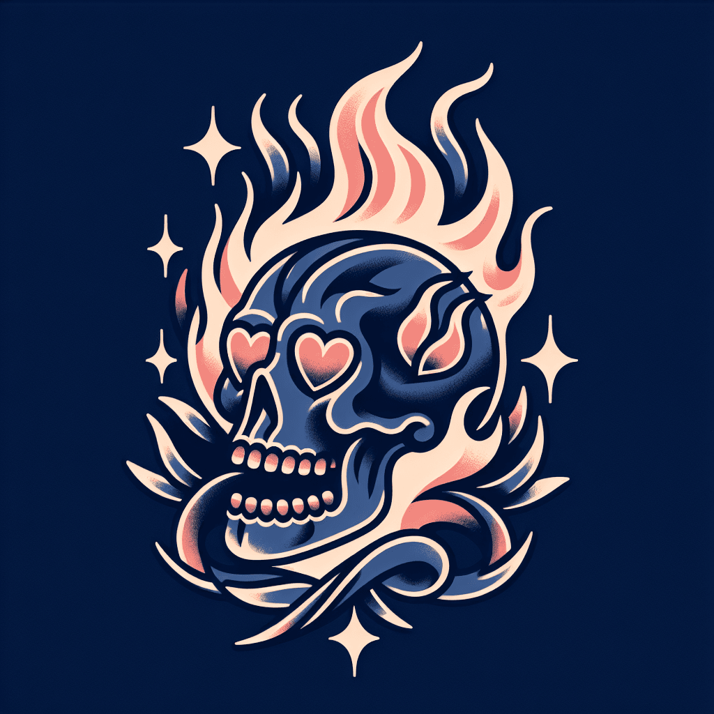 a flaming skull with hearts for eyes