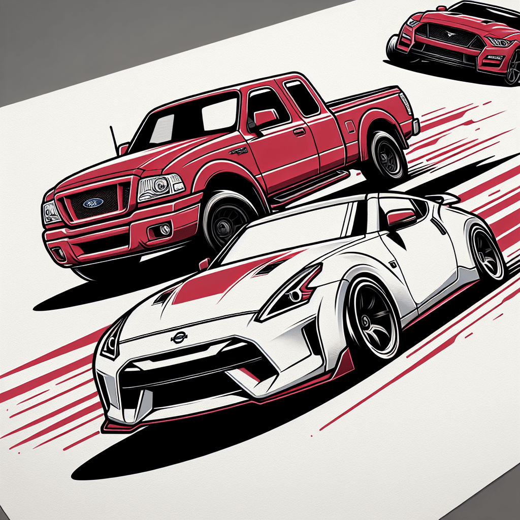 red 2005 ford ranger racing a white 2016 nissan 370z