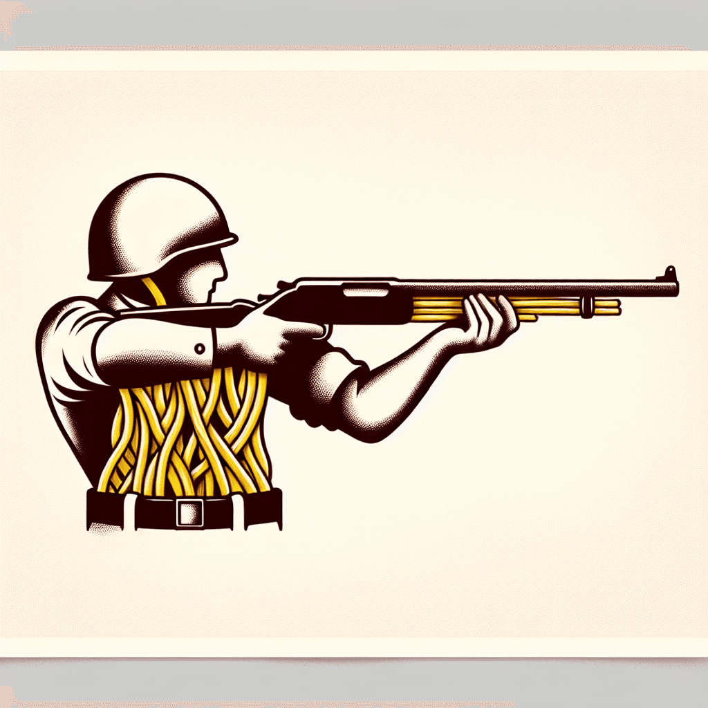 soldier holding a shotgun made of spaghetti