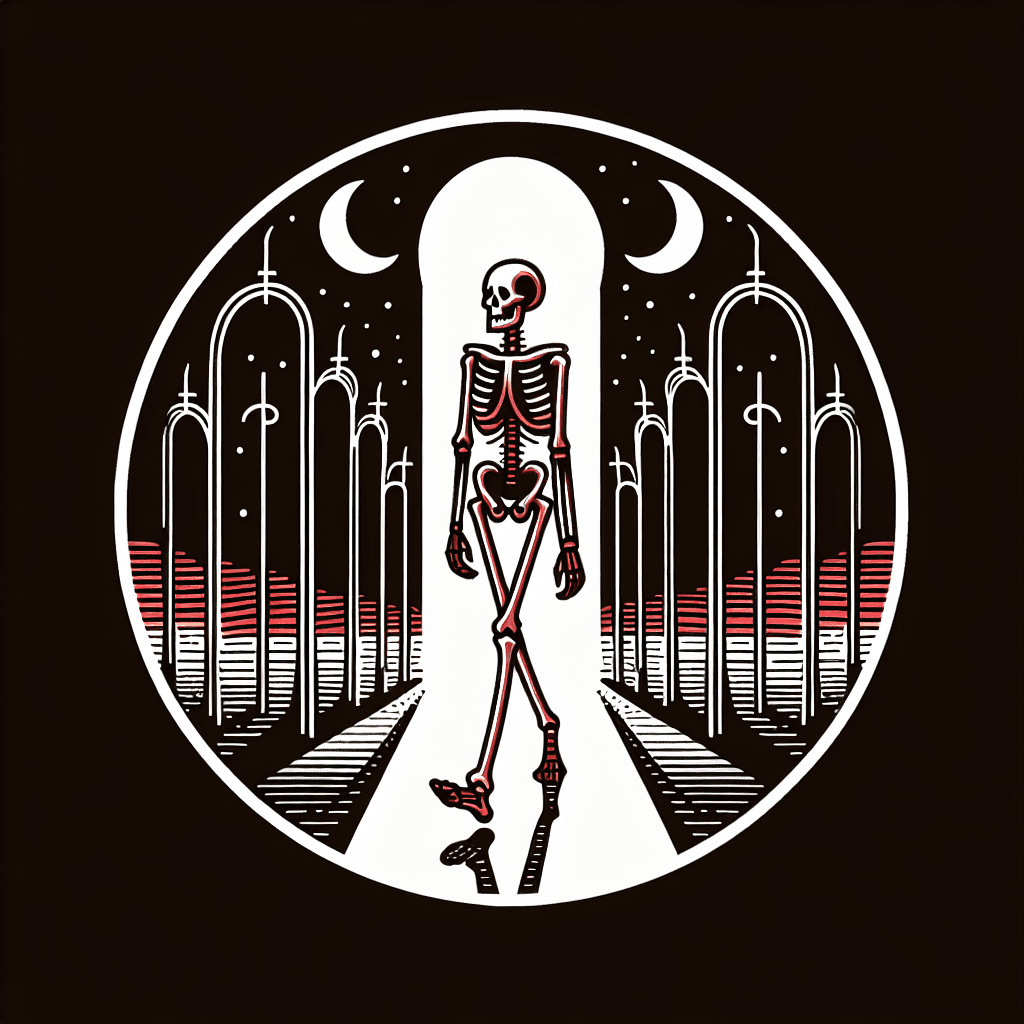 skeleton walking through the gates of hell