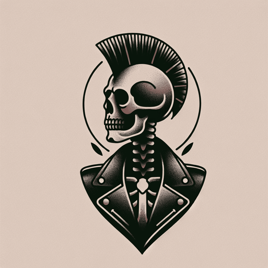 skeleton with mohawk in leather jacket