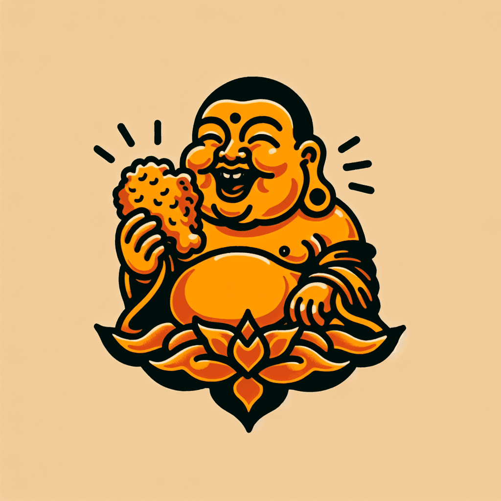 happy buddha eating fried chicken