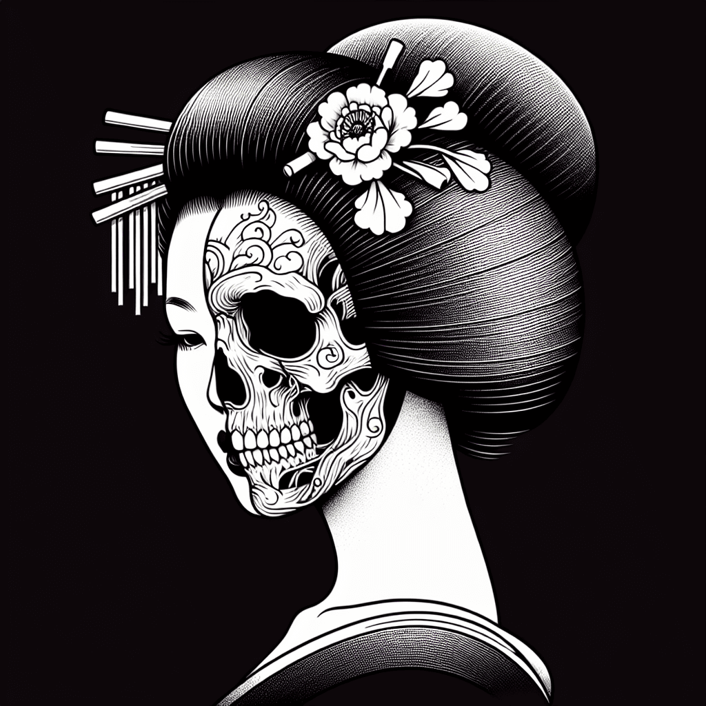 geisha with half skull for a face