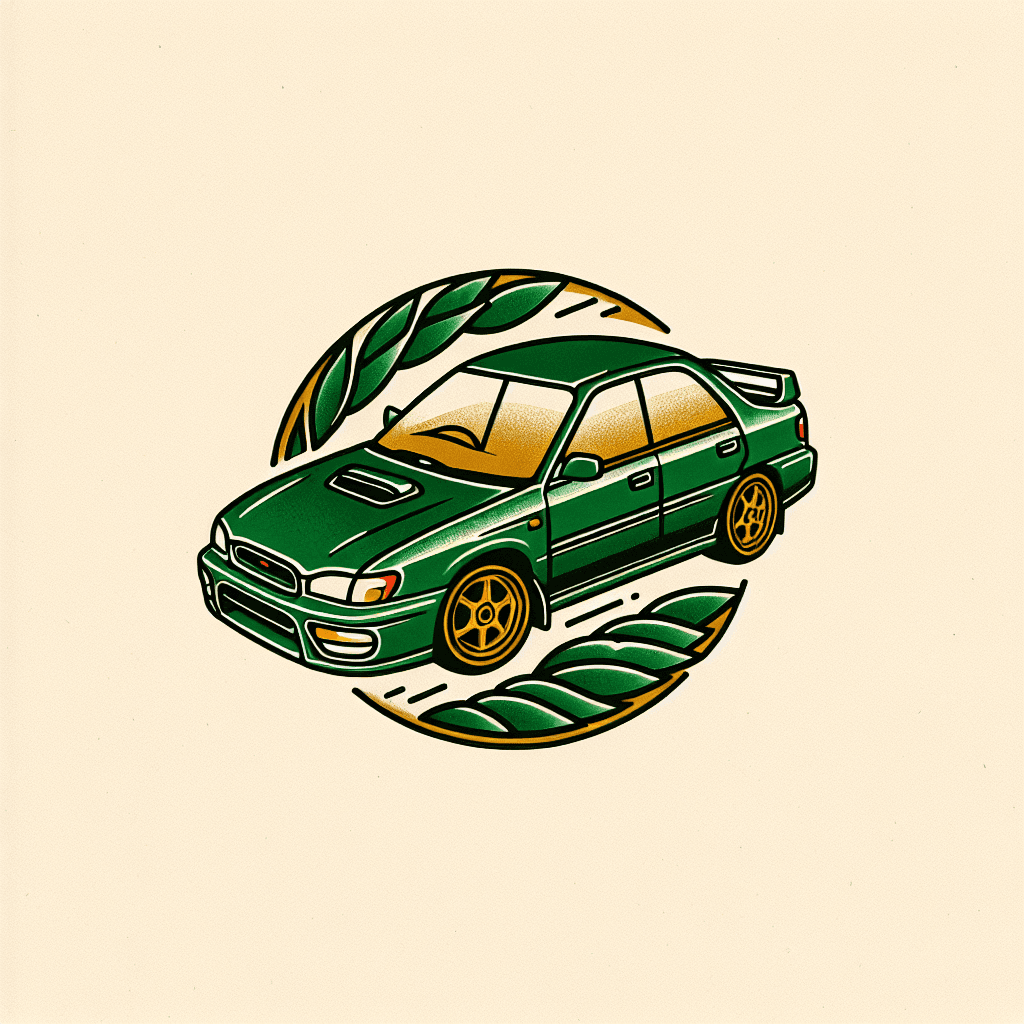 a green subaru legacy first generate with a golden rim