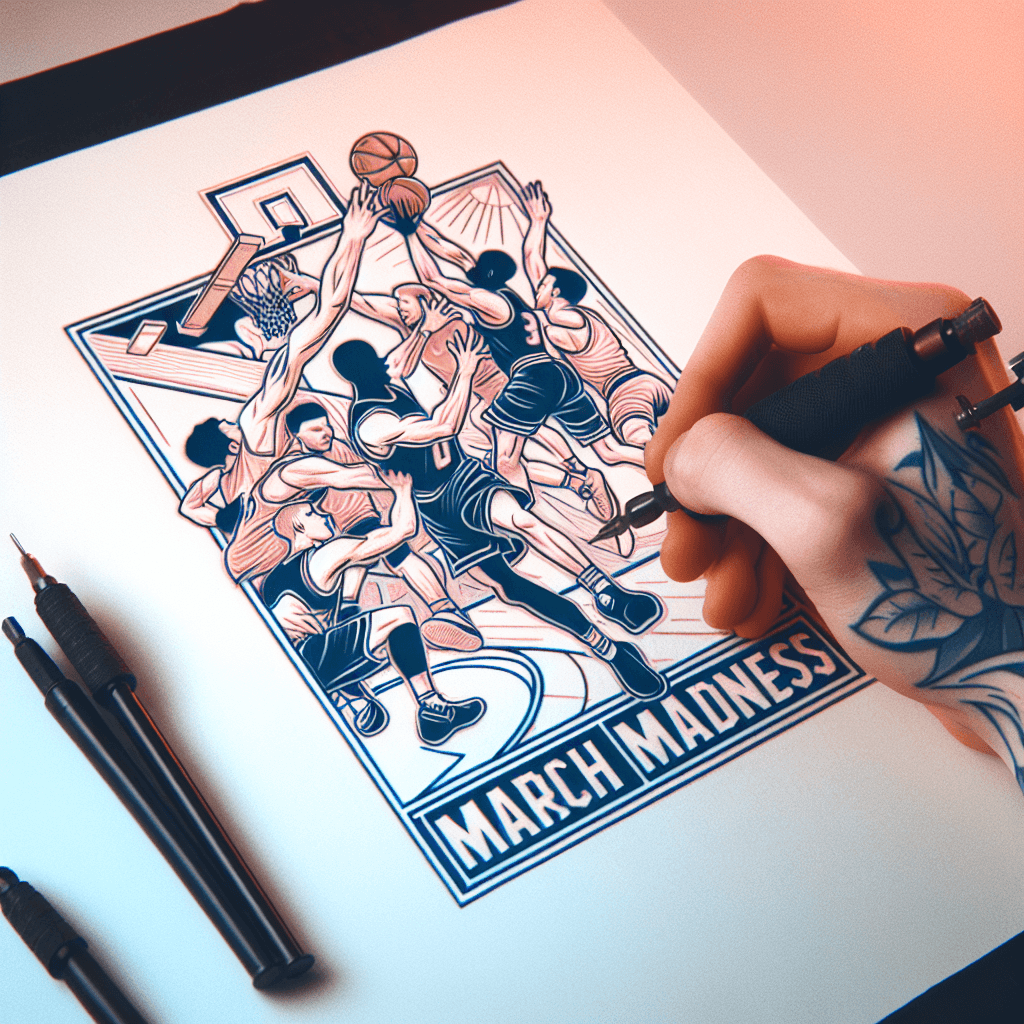 intense basketball game with the words “march madness”