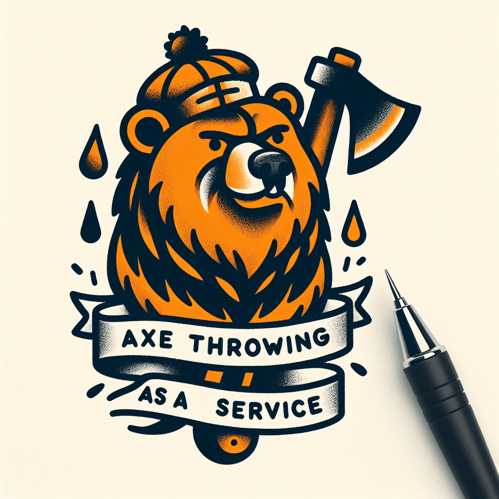 bear wearing a toque holding an axe with “axe throwing as a service” written in a banner across the bottom
