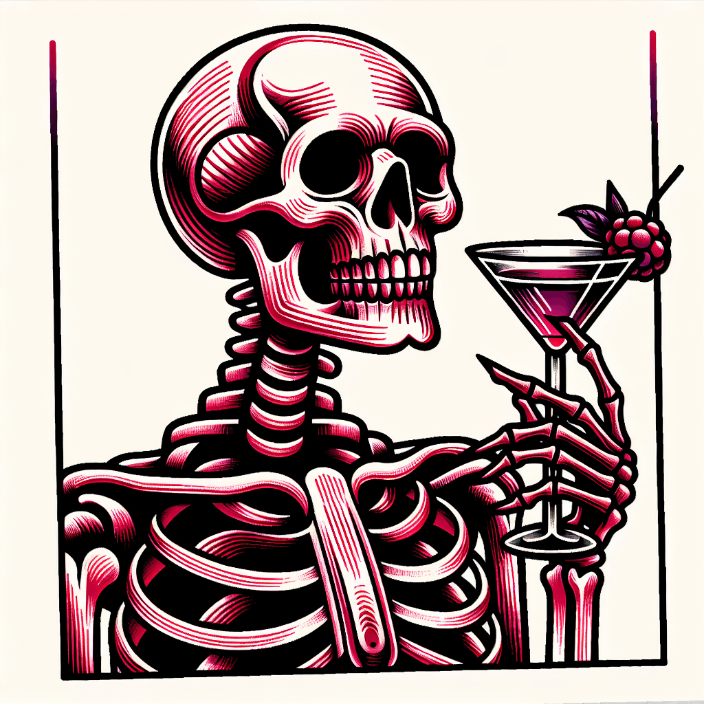 skeleton holding a bourbon manhattan