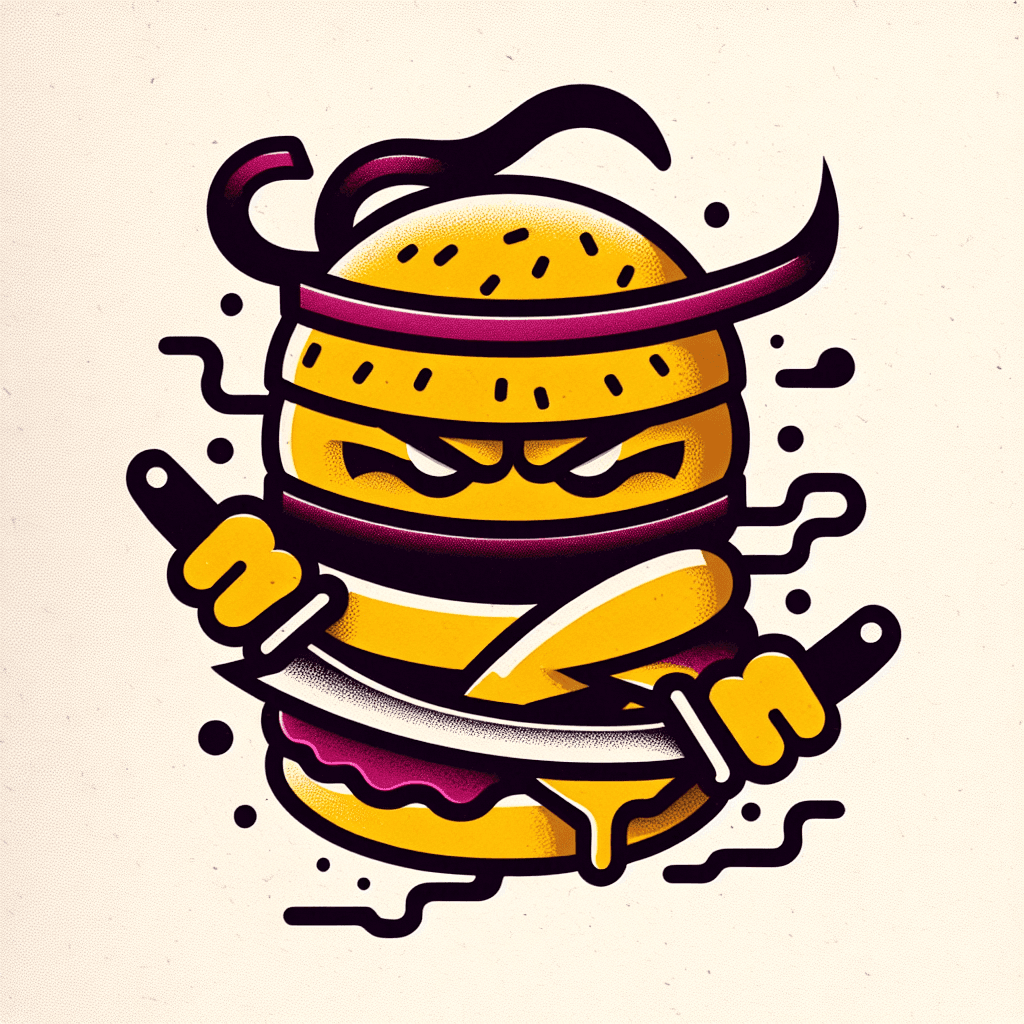 angry ninja slicing a cheeseburger