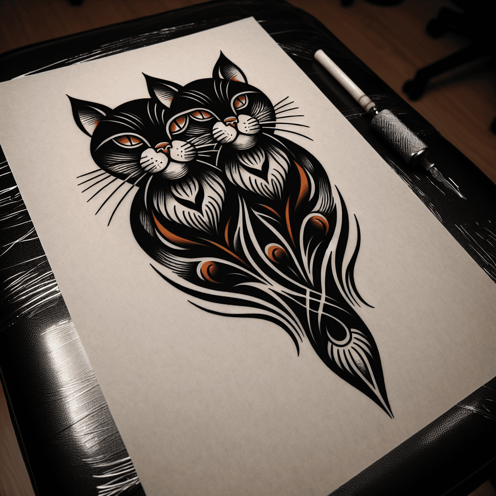 pair of cats, full body, long, symmetrical