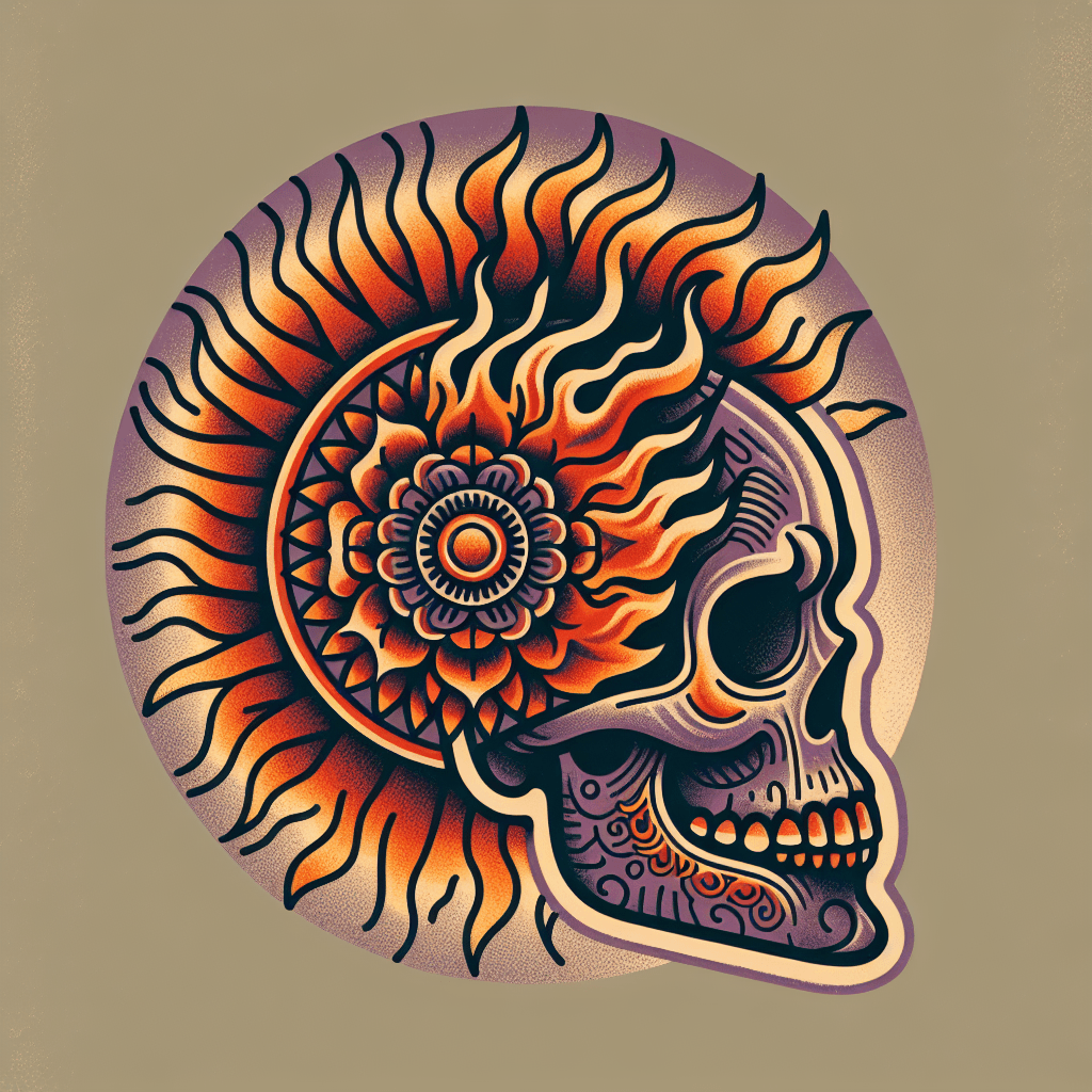 skull with fiery mandala behind its head
