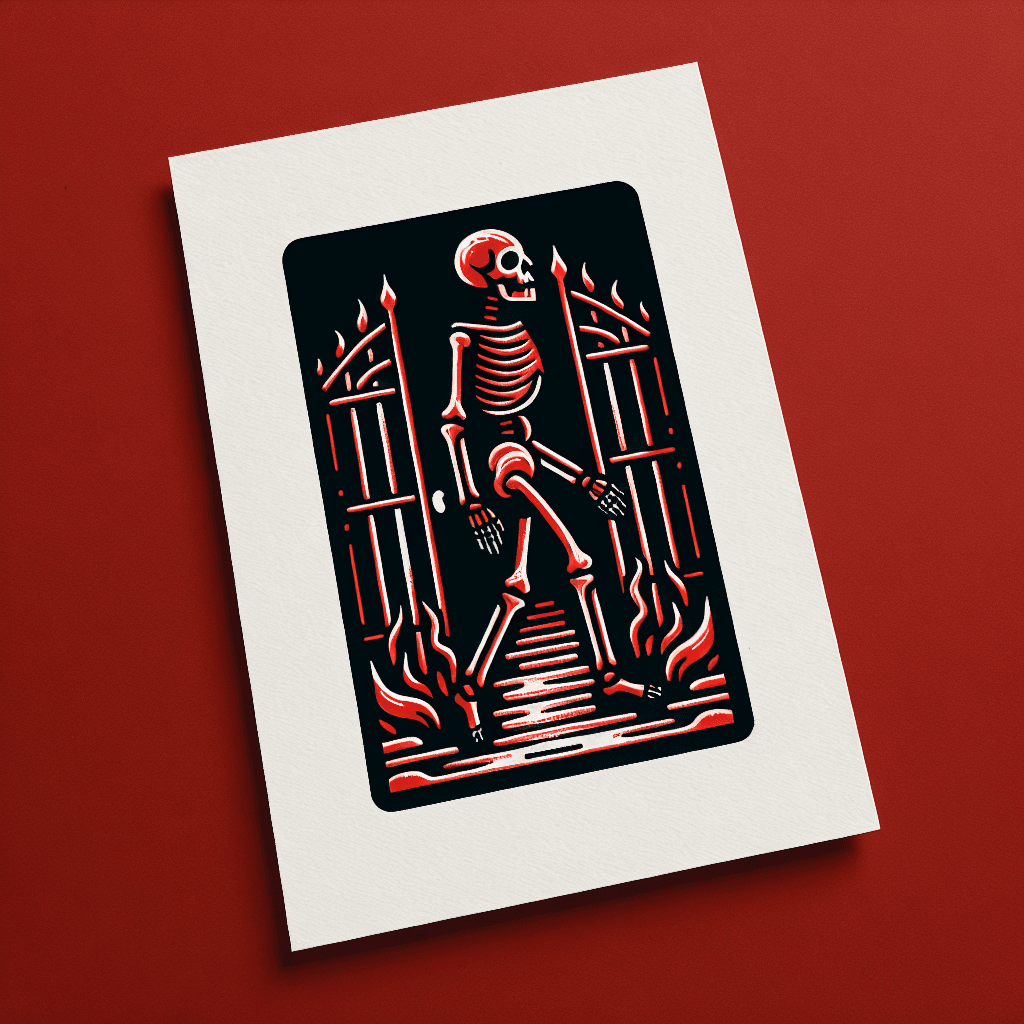 skeleton walking through the gates of hell
