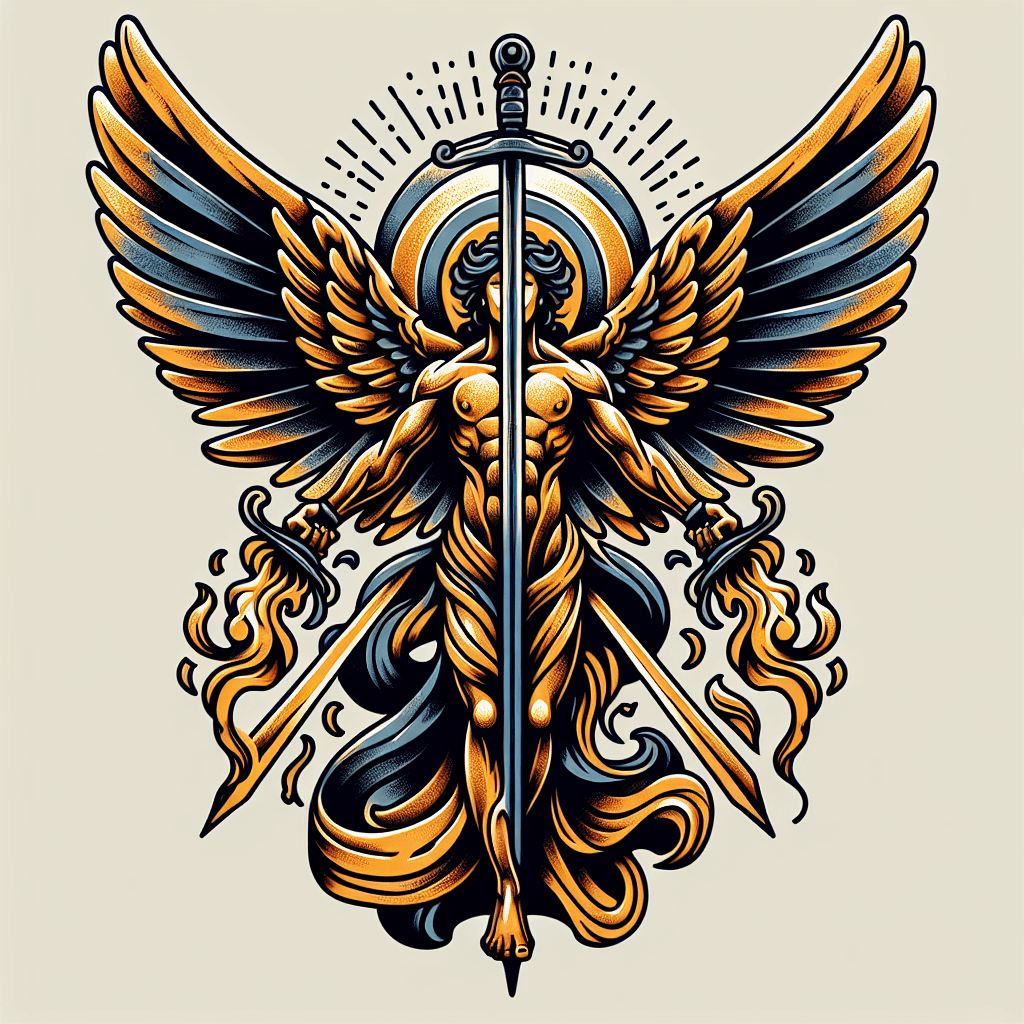 an angel holding two flaming swords
