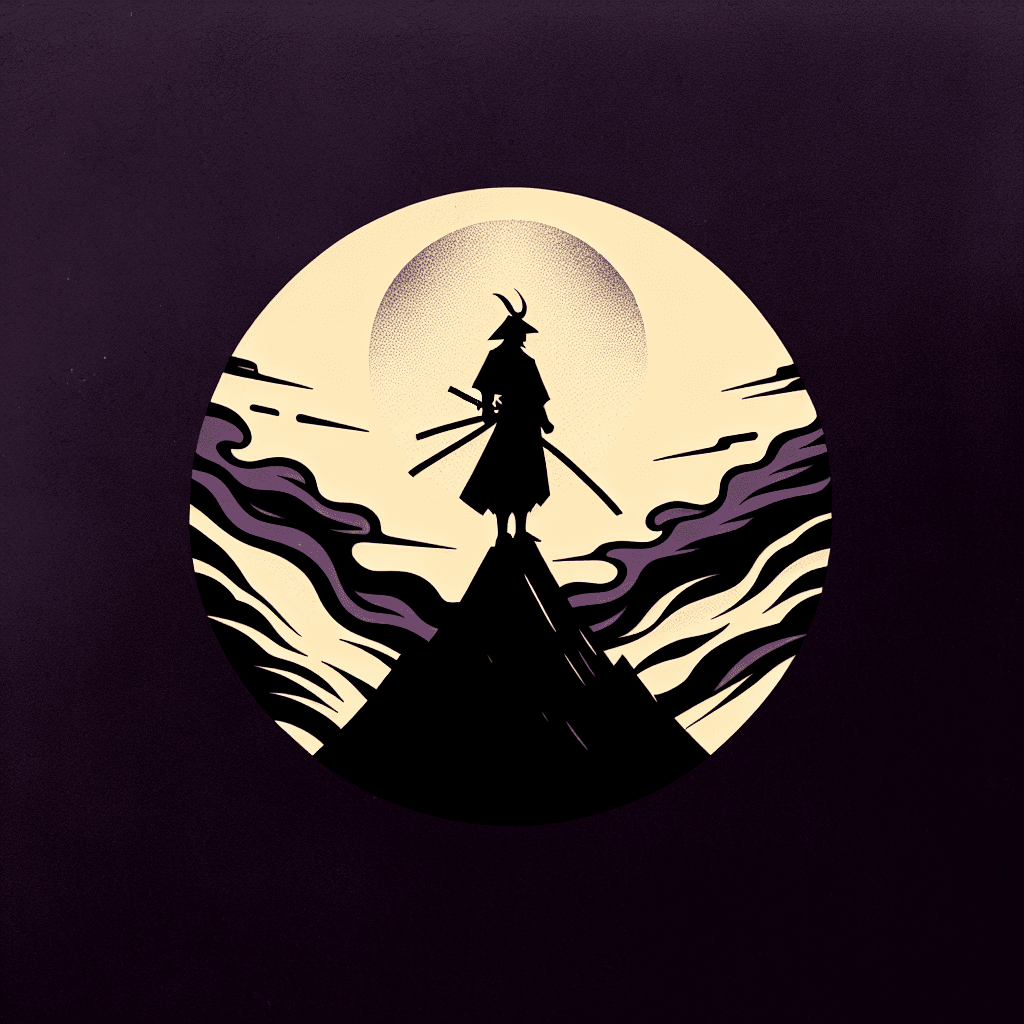samurai standing on smoky mountain with silhouette infront of the moon