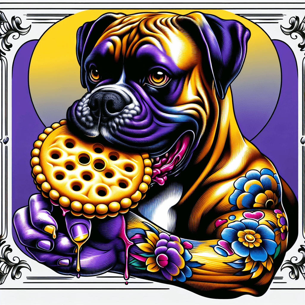 boxer dog eating a pizzelle cookie