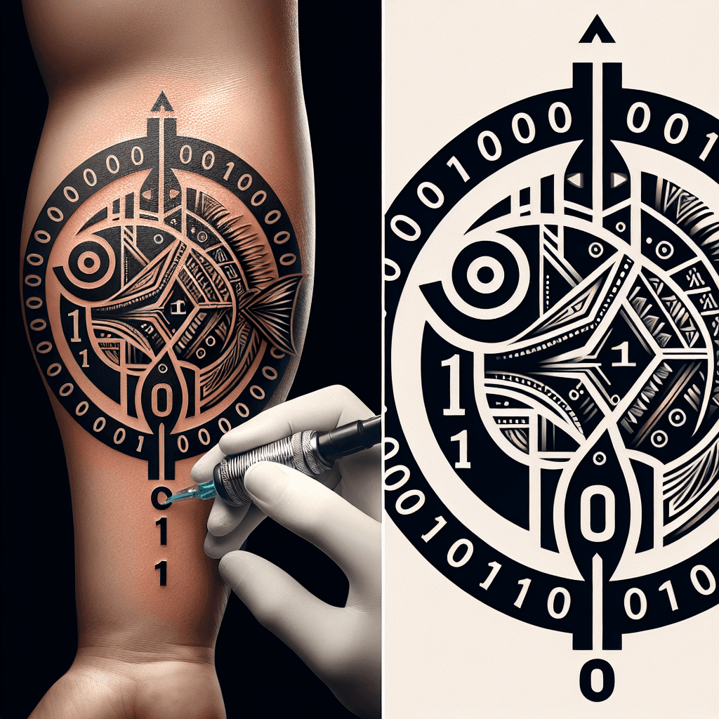 polynesian fish glyph with the interior filled with 1 and 0 numerals