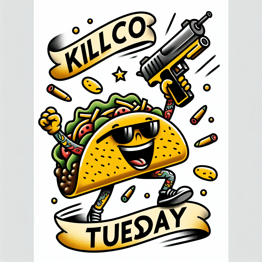 killer tacos with machine gun and the words “taco tuesday”