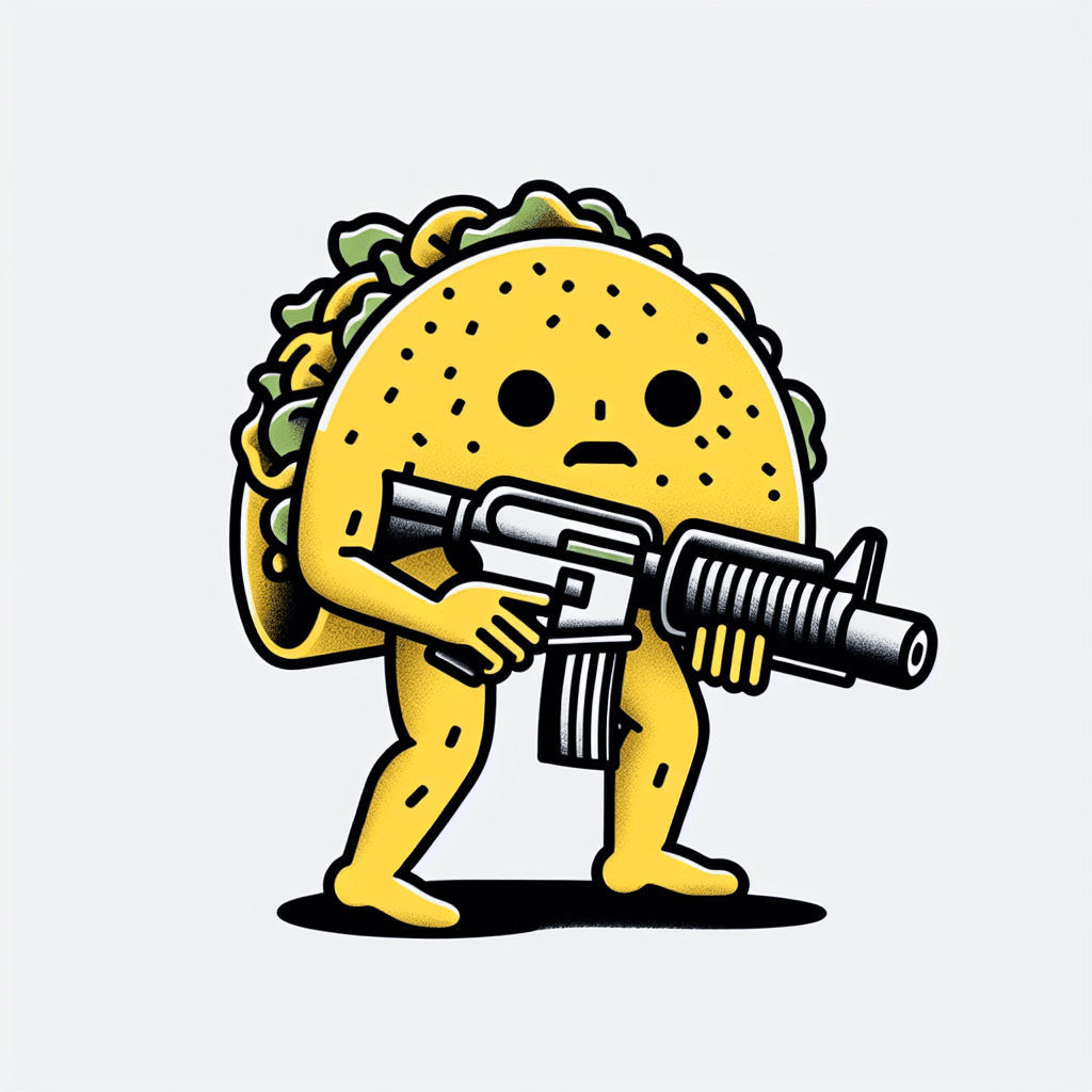 killer tacos holding a machine gun