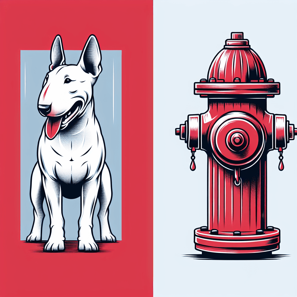 bull terrier next to a fire hydrant