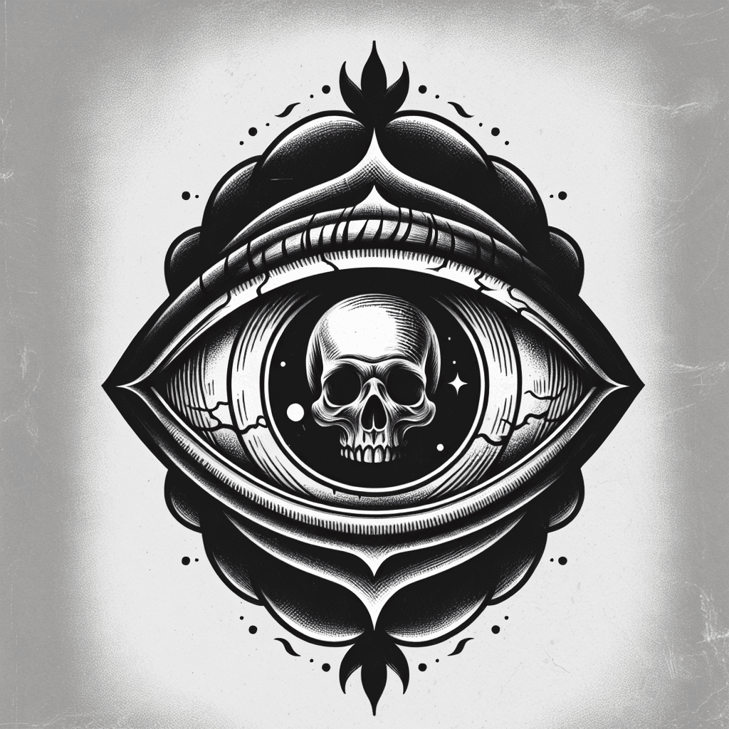 an eyeball with a skull in the pupil