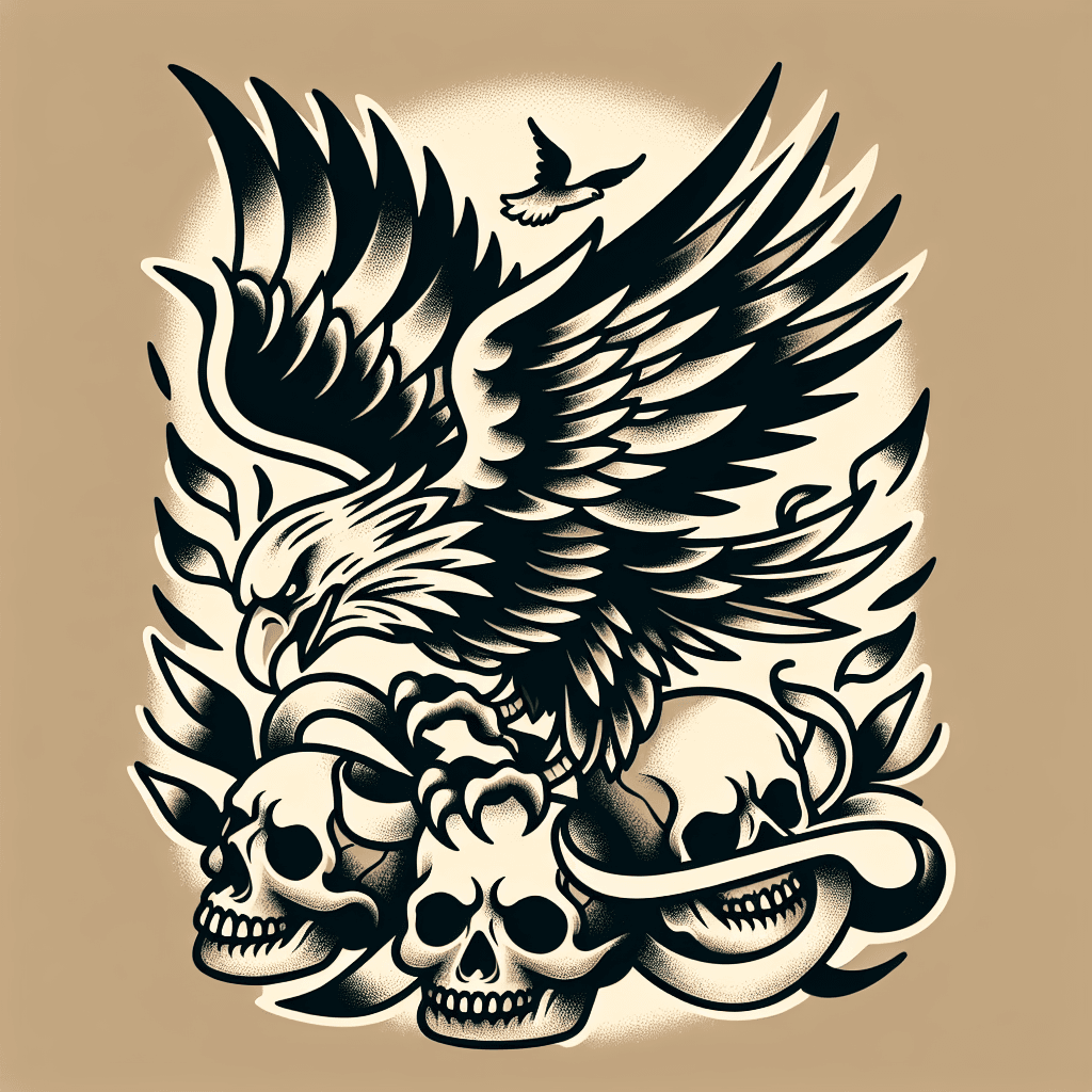 an eagle diving over skulls