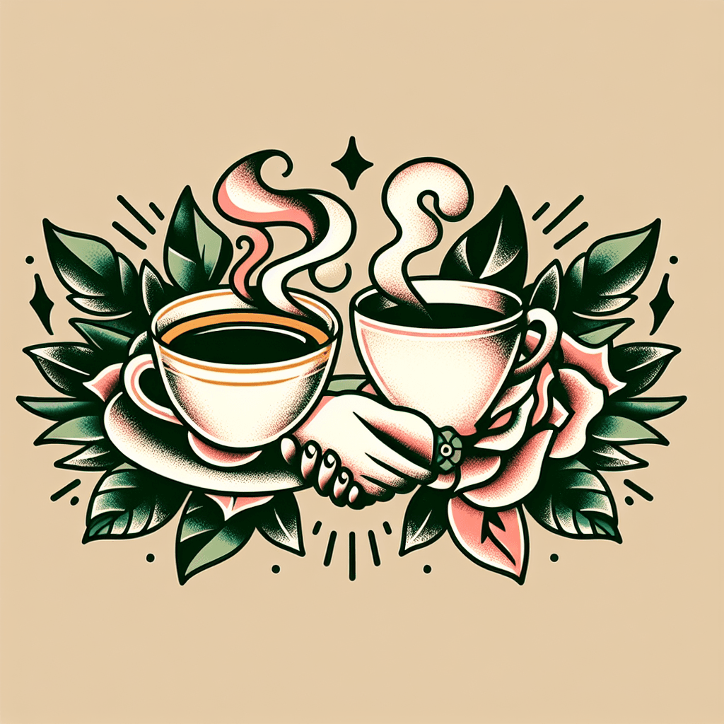 cup of tea shaking hands with cup of coffee