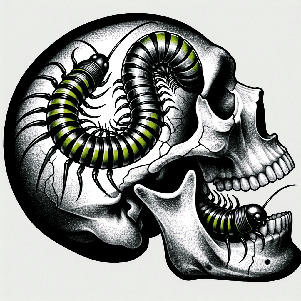 millipede crawling through a skull