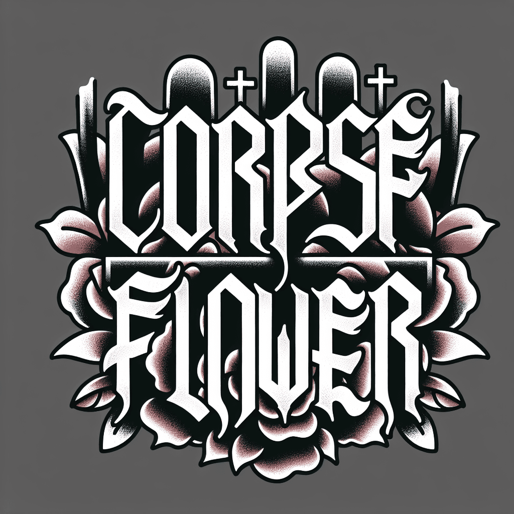 the words “corpse flower” in metal band font with gravestones