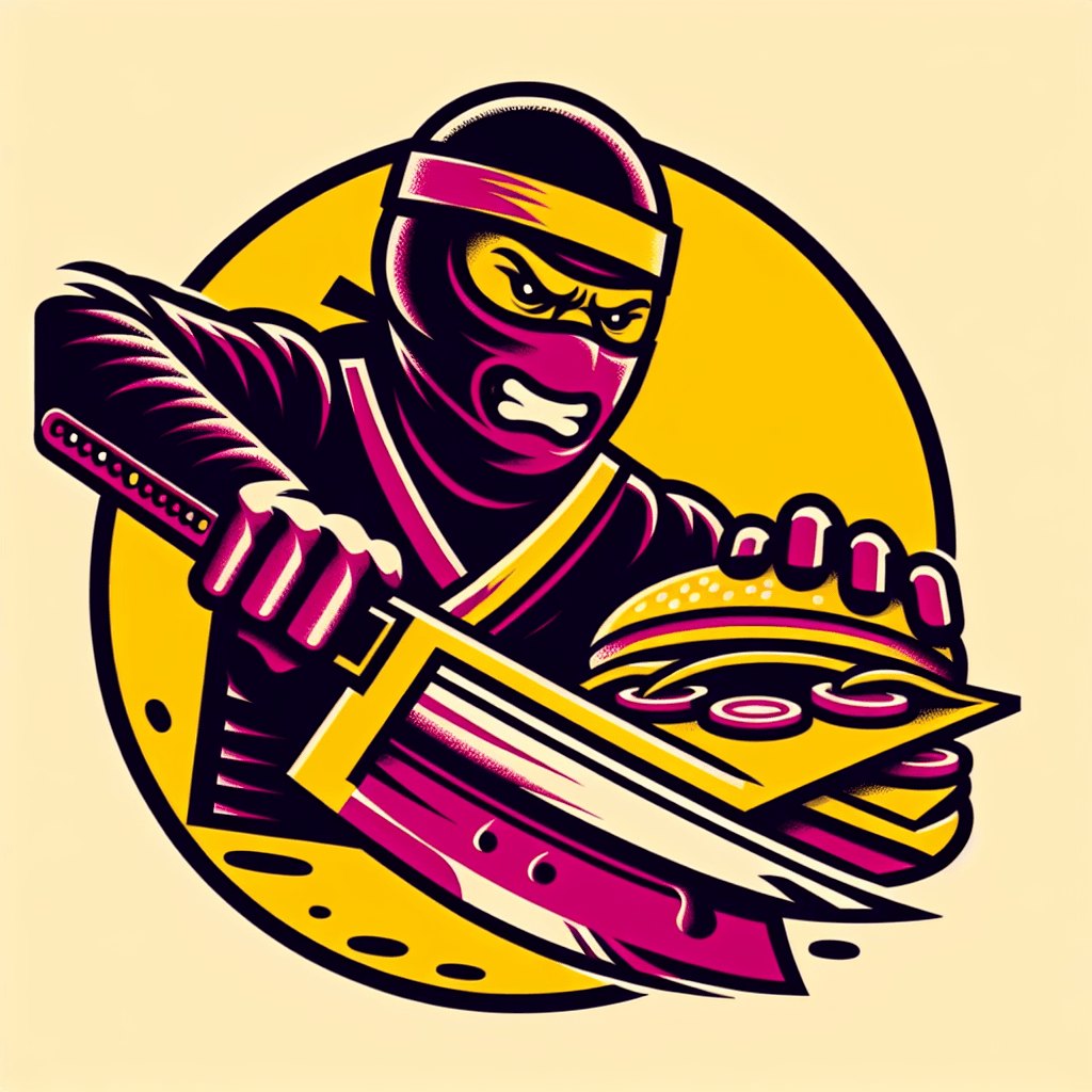 angry ninja slicing a cheeseburger