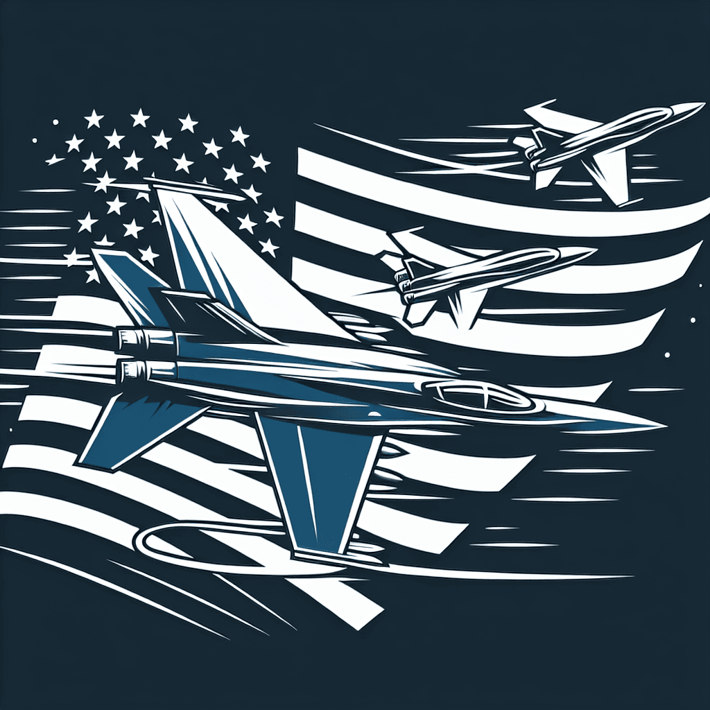 fighter jets flying past with a united states flag behind them